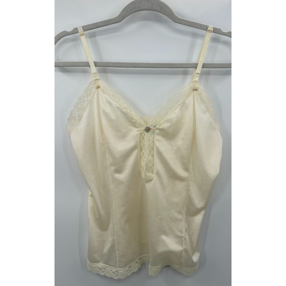 Vintage Yellow Lace Trim Satin Camisole Tank Top Womens M Nylon Lingerie USA